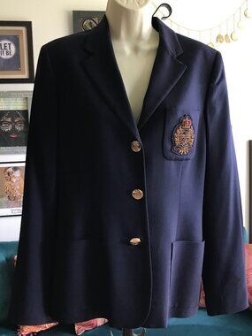 RALPH LAUREN size 8 Navy Blue Wool Crest Blazer Jacket Single Breasted Vintage